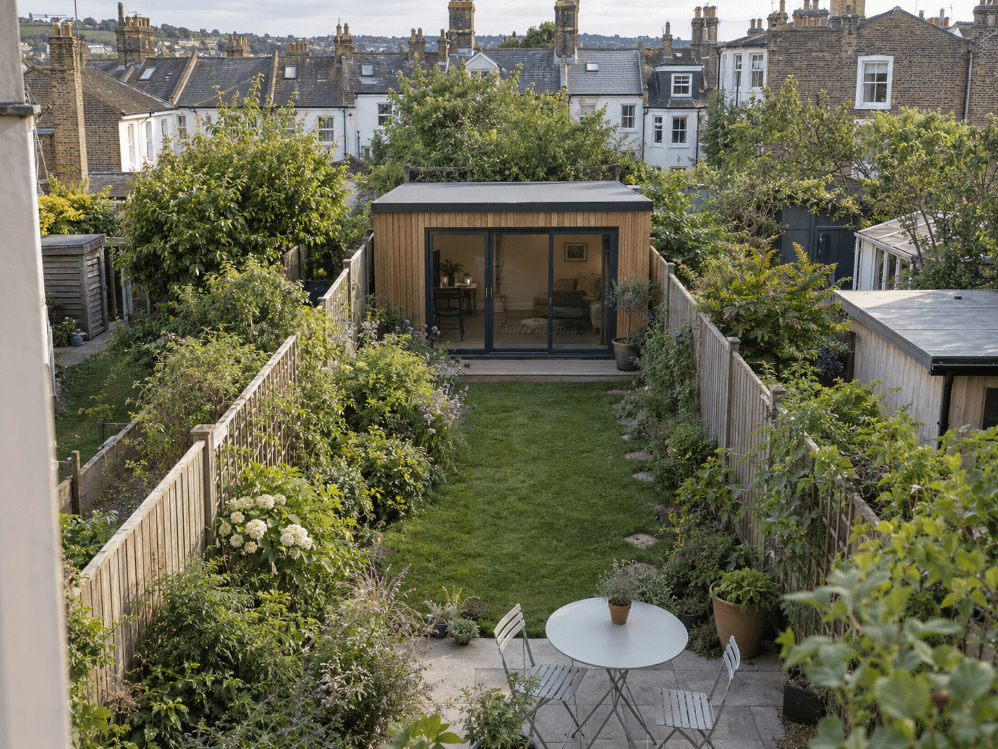 Looking down on a narrow terraced back garden with a timber garden office at the far end, and a lawn, planting and a small patio in front of it