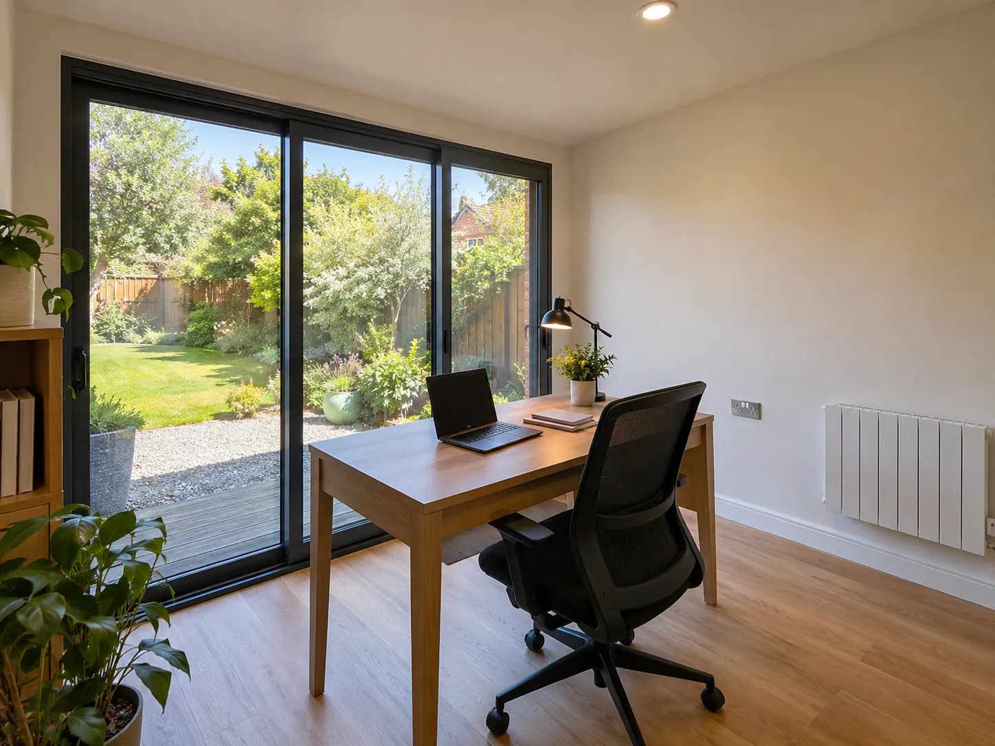 Inside a garden office with a desk facing sliding glass doors