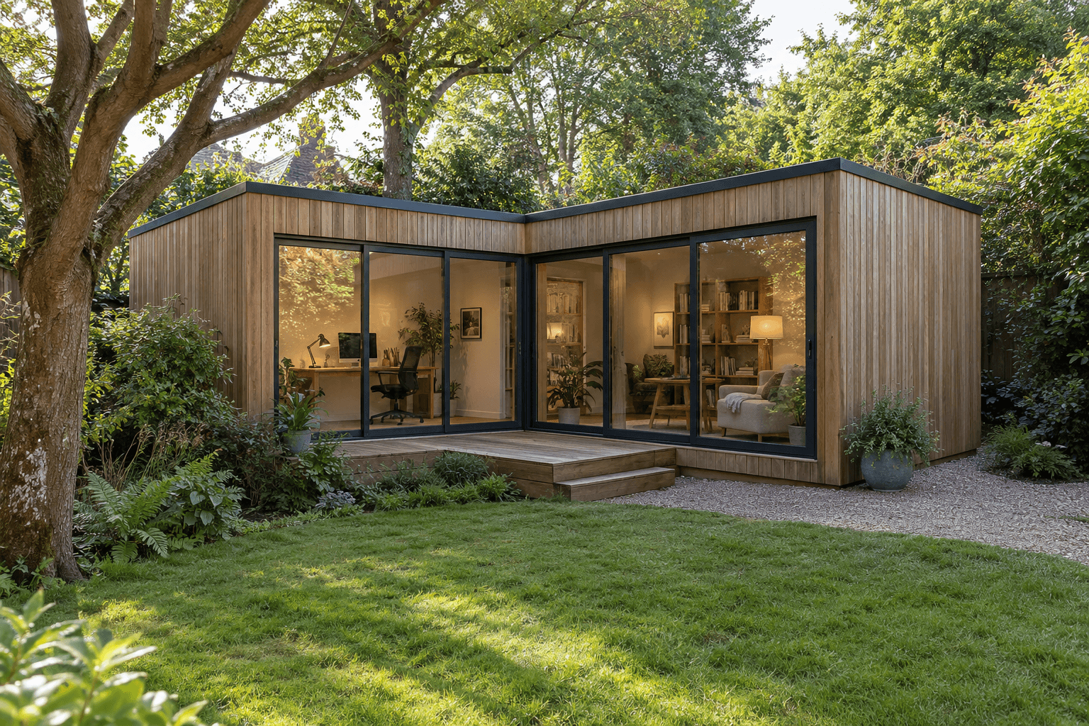 An L-shaped timber garden room in the corner of a garden, with a home office in one wing and a sitting area in the other