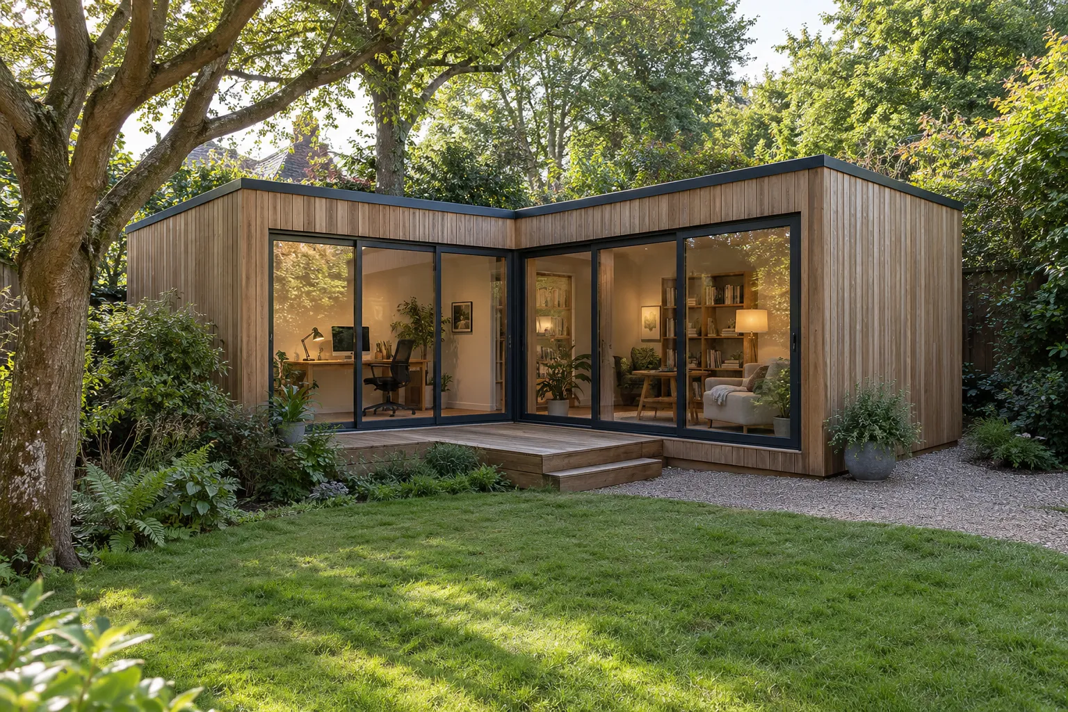 An L-shaped timber garden room with an office and a sitting area