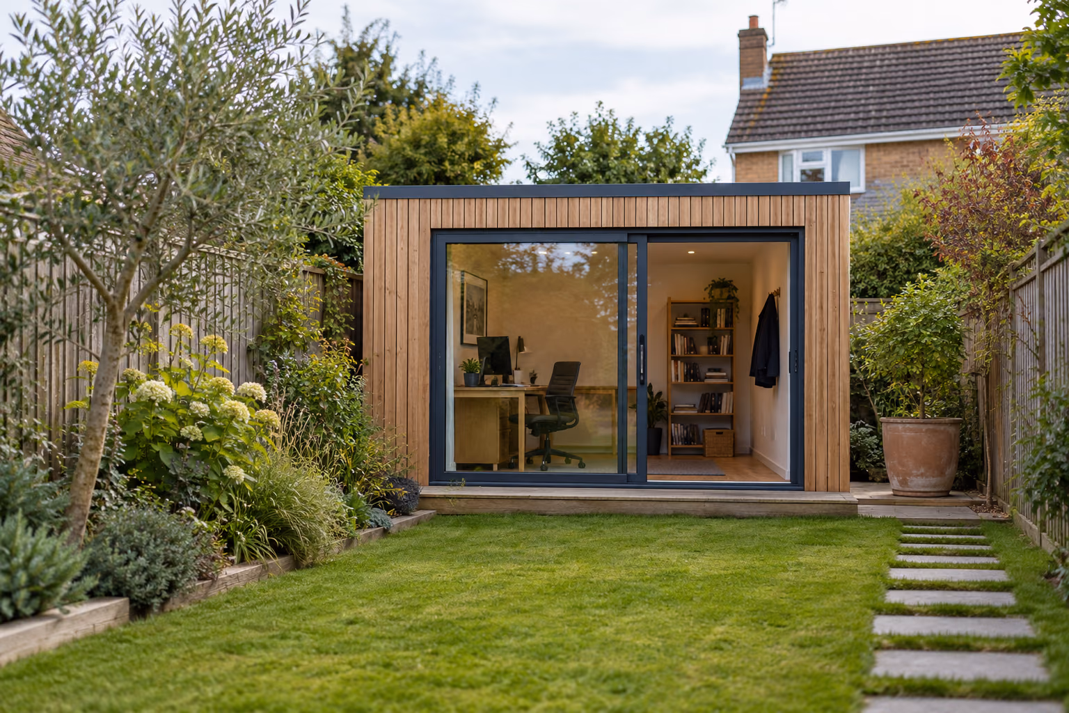 A compact timber-clad garden office with a desk, a bookshelf and a coat on a hook inside