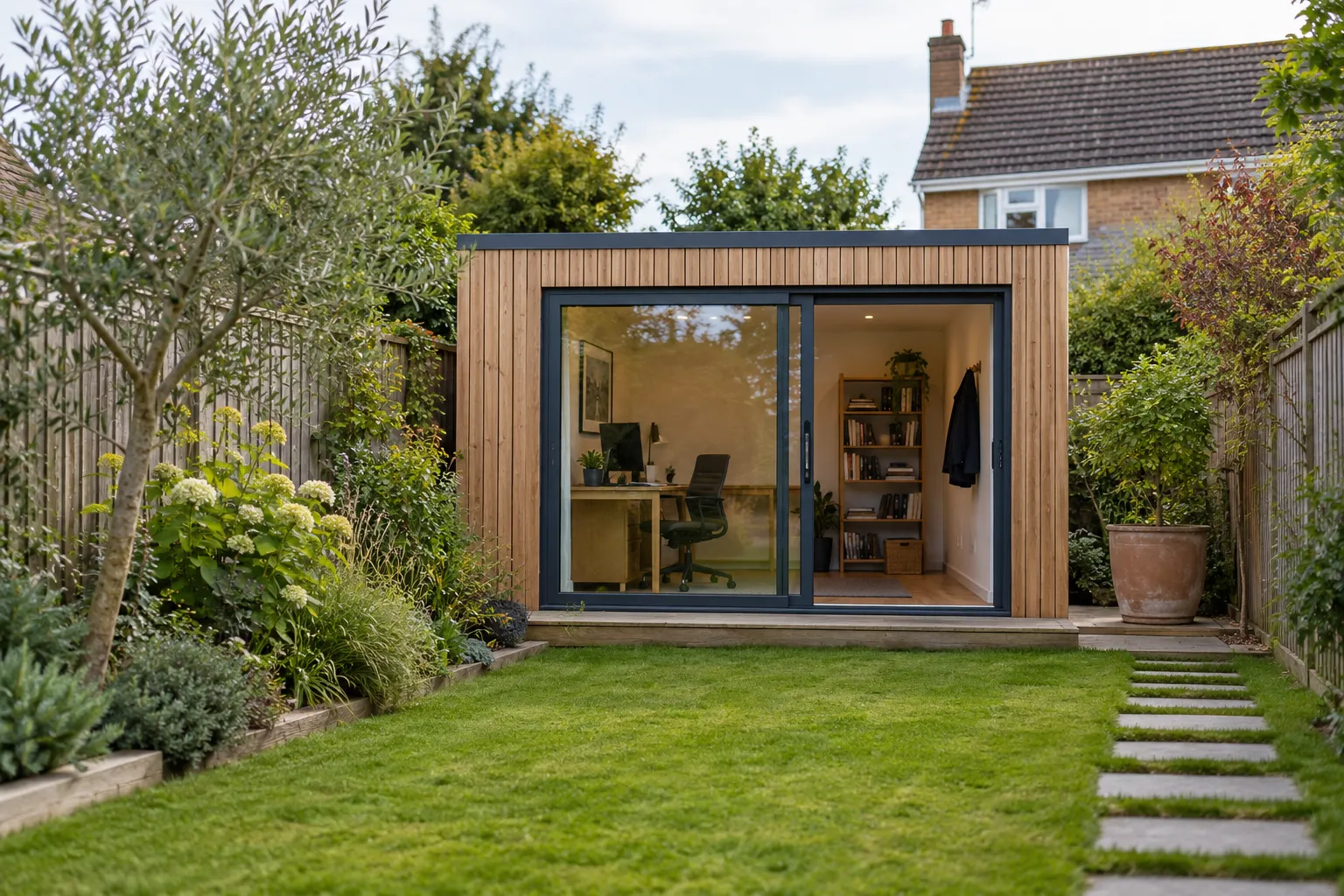 A compact timber-clad garden office with a desk and a bookshelf inside