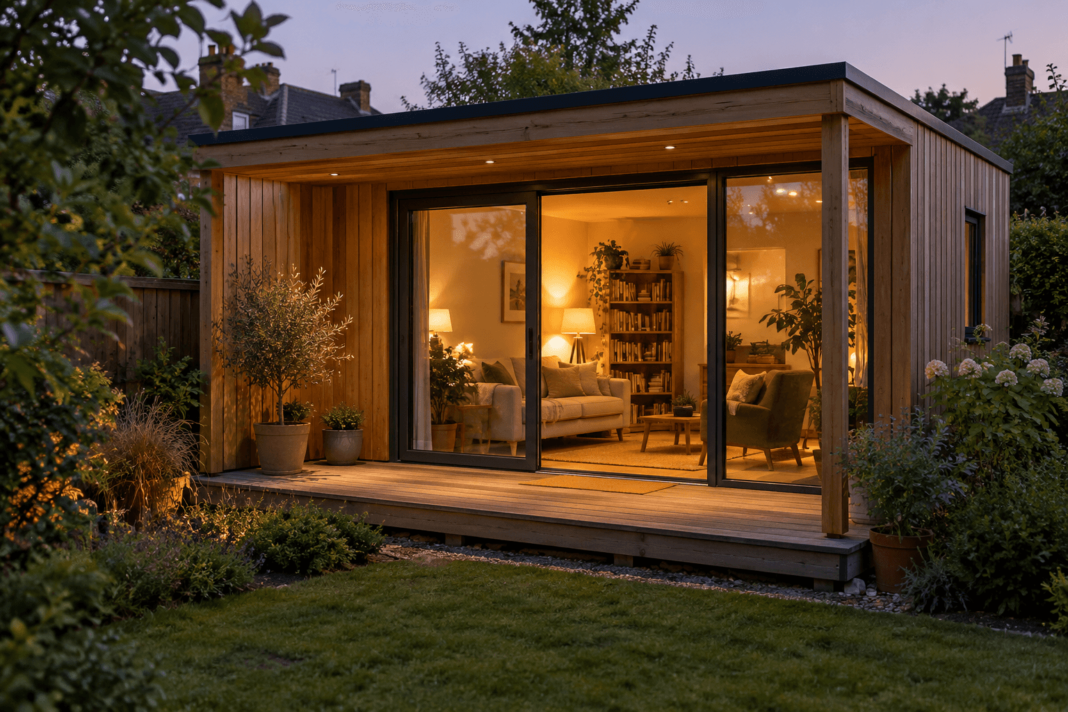 A timber garden room at dusk, lit inside and furnished as a sitting room, with a covered deck in front