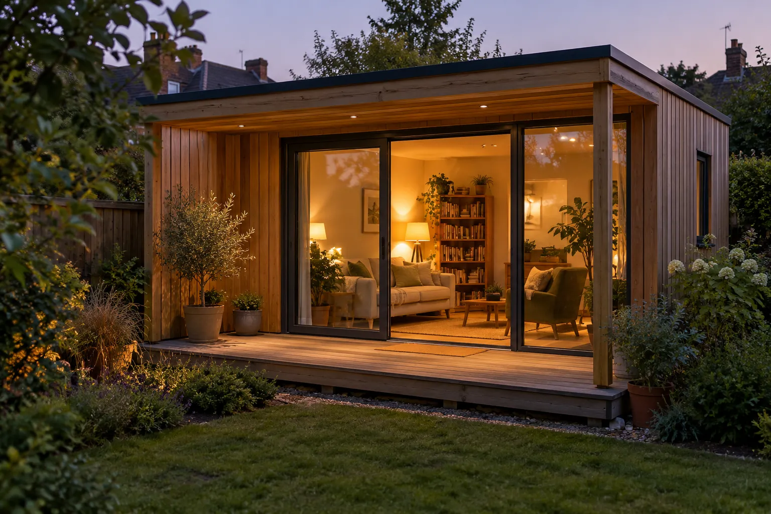 A timber garden room at dusk furnished as a sitting room