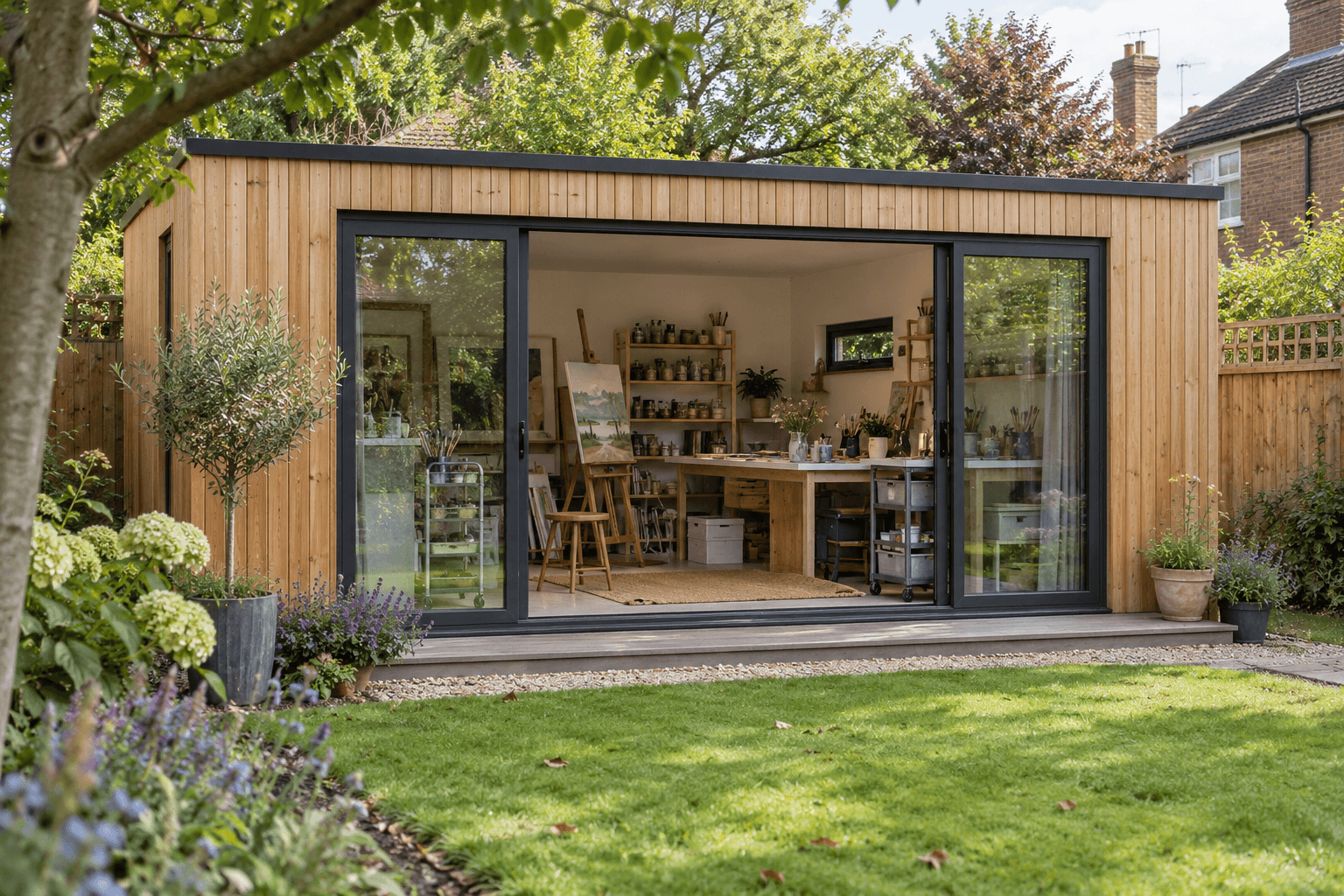 A timber garden studio with its doors open on an art studio, with an easel, a worktable and shelves of paints