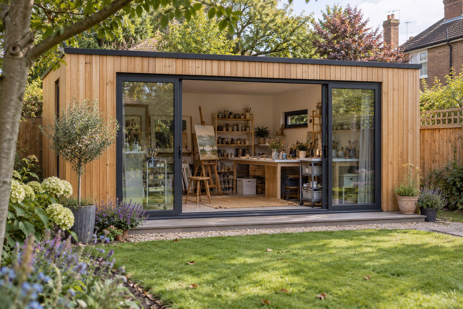 A timber garden studio with its doors open on an art studio, with an easel, a worktable and shelves of paints