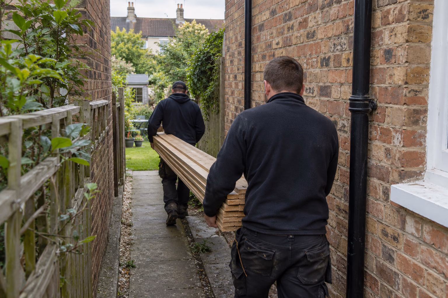 Two builders, seen from behind, carrying timber boards down a narrow brick side passage towards a back garden